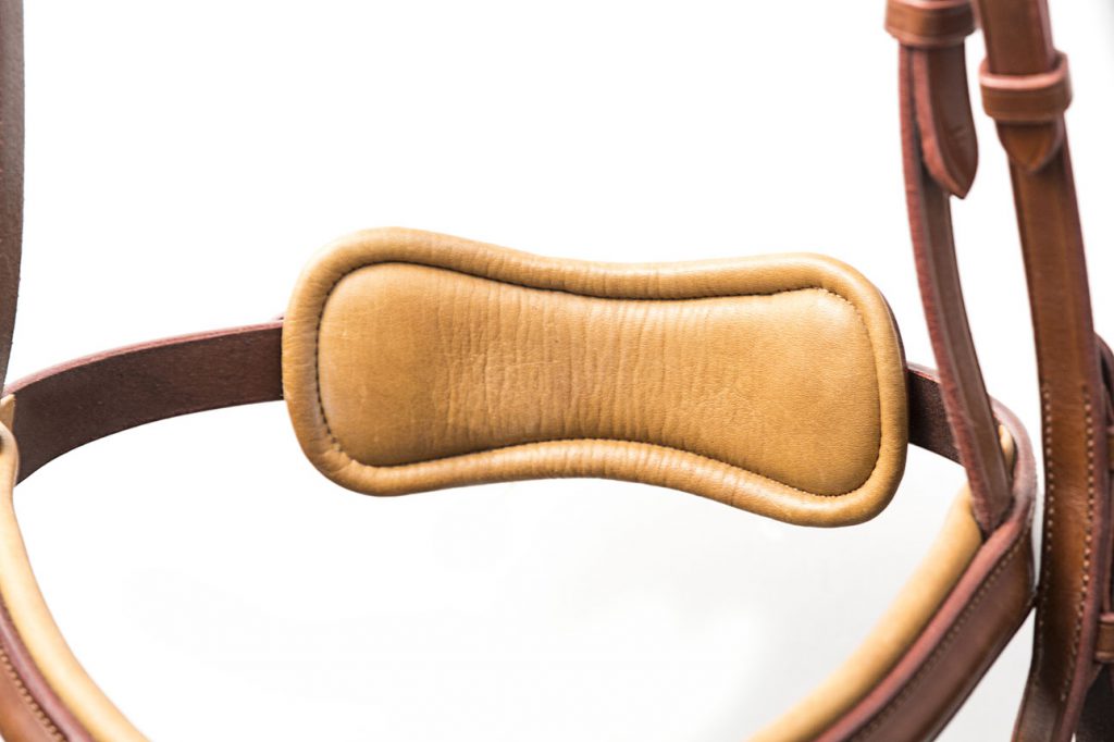 Close-up of brown leather bridle on white background.